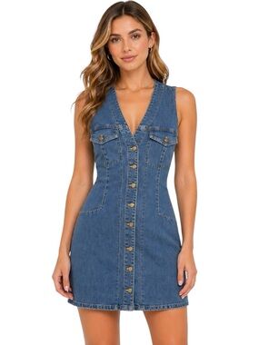 Free People Wandering Star Denim Mini Dress Blue Button Front Size 6 NWT